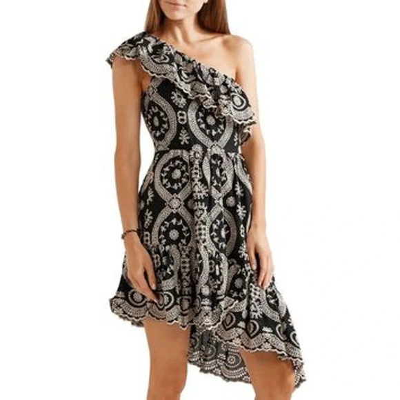 LoveShackFancy Pamela Dress One Shoulder Eyelet Lace Black Tan Size Small - Picture 2 of 11